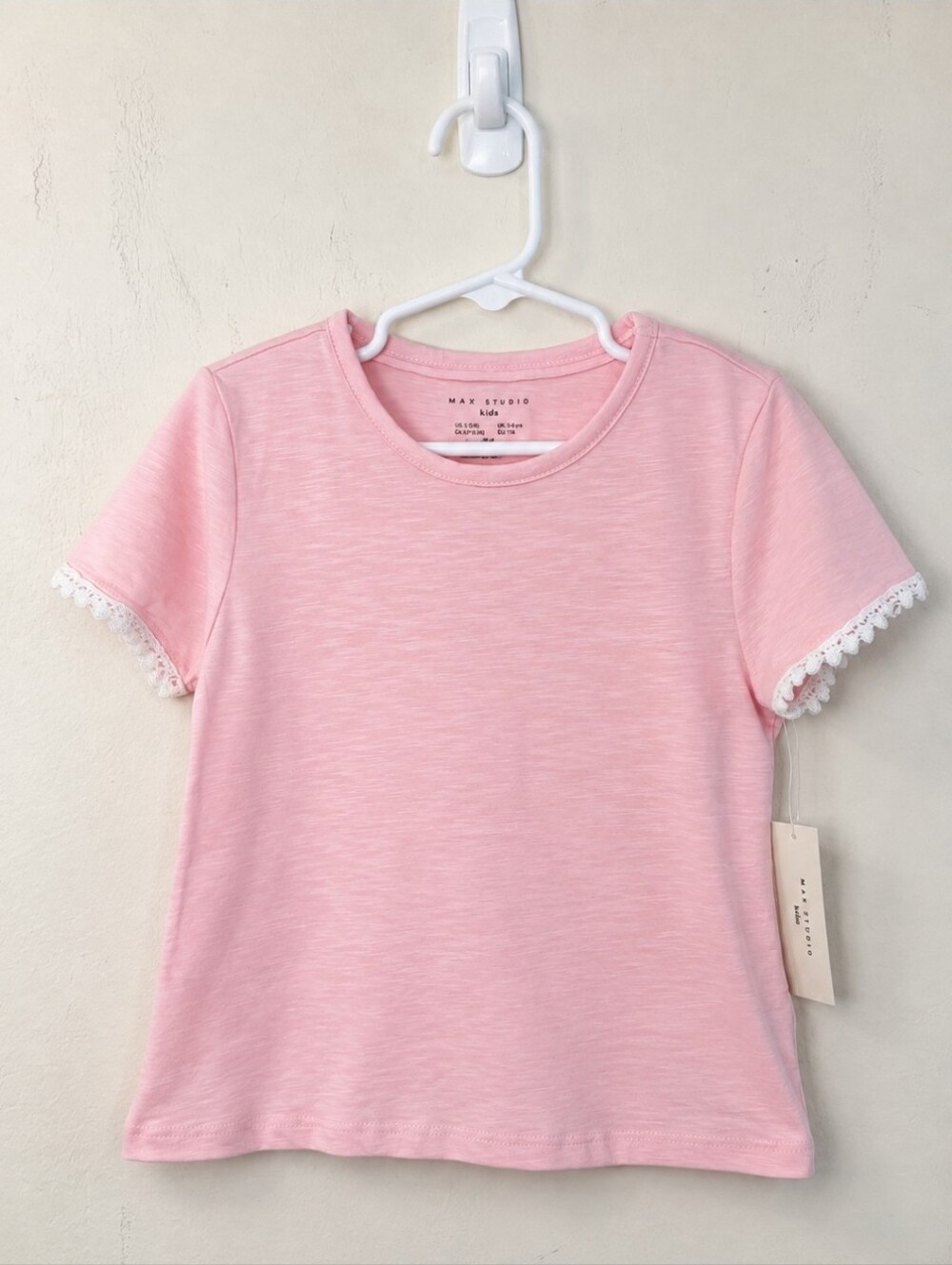 MAX Studio Kids T-Shirt Girls 5/6 Pink Short Sleeve Lace Trim NWT Cotton Topwear